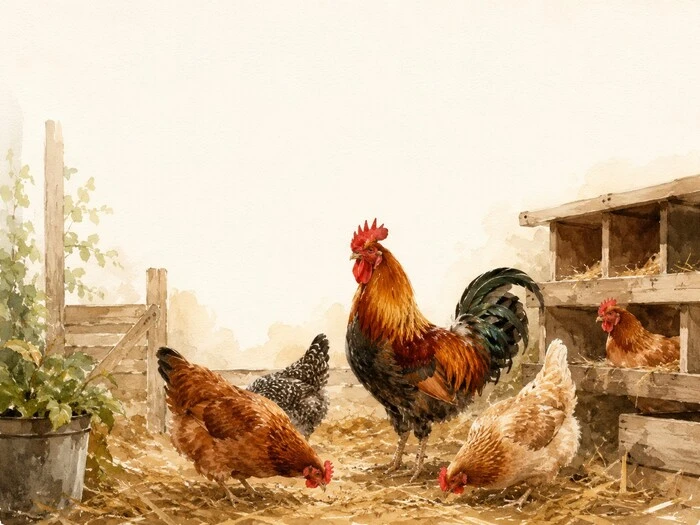 coq avec un groupe de poules dans un poulailler naturel