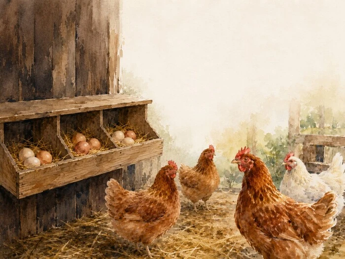 oeufs frais dans un pondoir avec des poules pondeuses en bonne sante