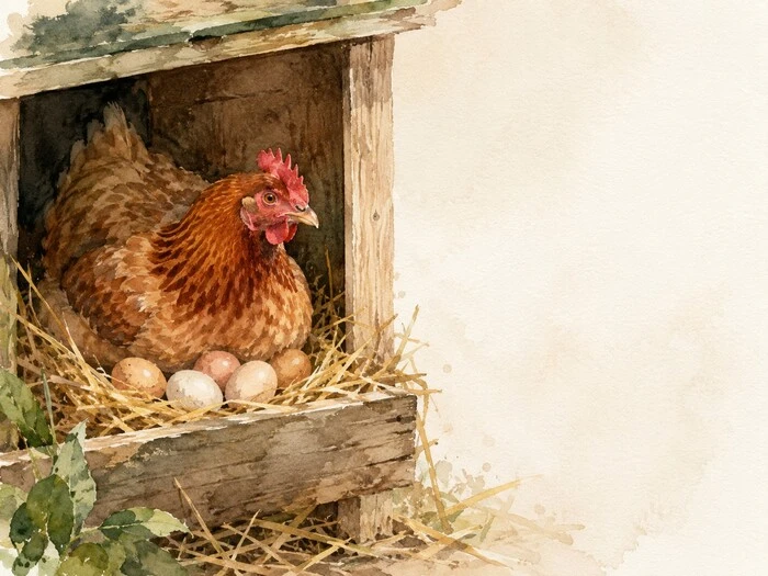 poule pondeuse dans un pondoir avec des oeufs frais sans coq