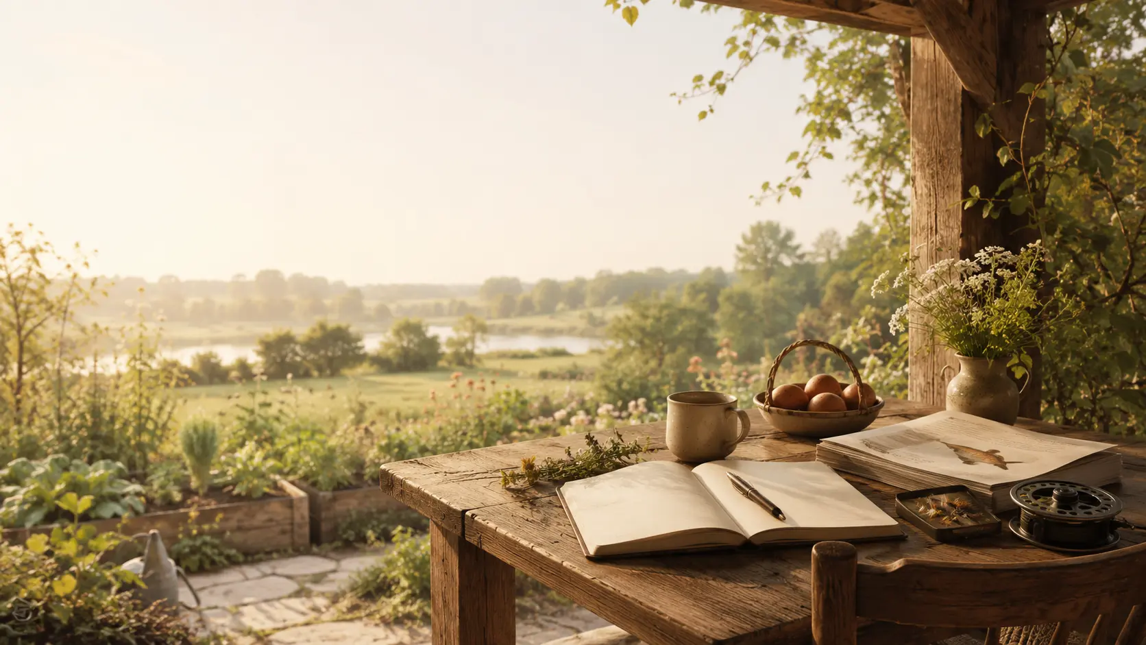 Bureau d’auteur ouvert sur la nature avec carnet, jardin nourricier et rivière au loin