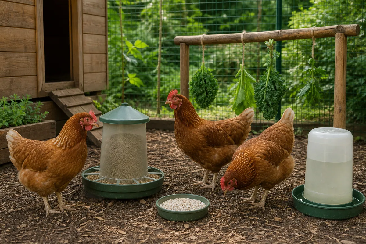 Trois poules avec aliment complet, calcium séparé, eau propre et légumes suspendus