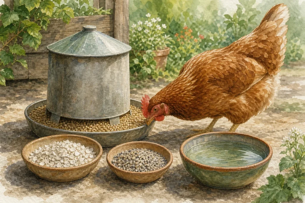 Poule pondeuse devant sa mangeoire avec calcium, gravier digestif et eau propre