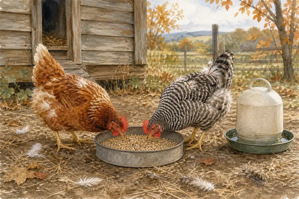 Deux poules en mue mangeant une ration complète près d’un abreuvoir propre