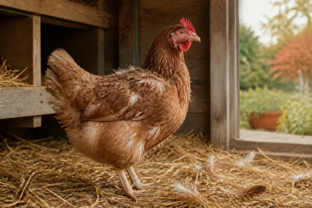 Poule brune en pleine mue naturelle dans un poulailler en automne