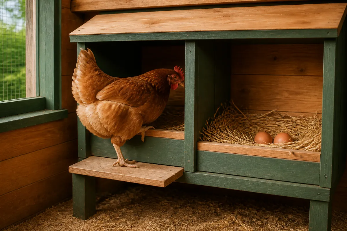 Poule brune devant deux pondoirs calmes garnis de paille avec des œufs intacts