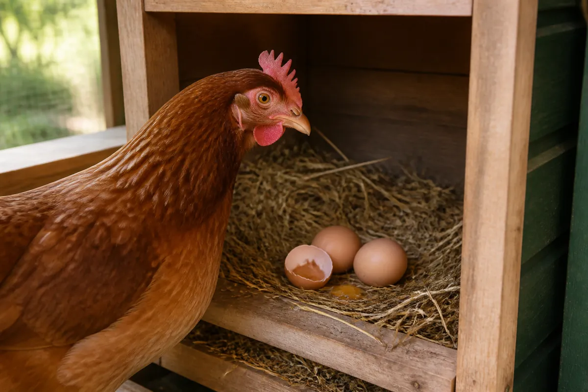 Poule brune près de deux œufs intacts et d’une coquille ouverte dans un pondoir