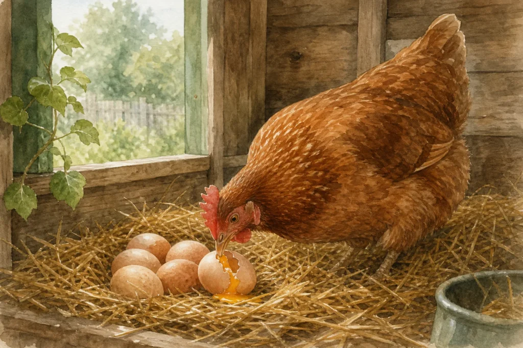 Poule brune picorant un œuf accidentellement cassé dans un pondoir garni de paille