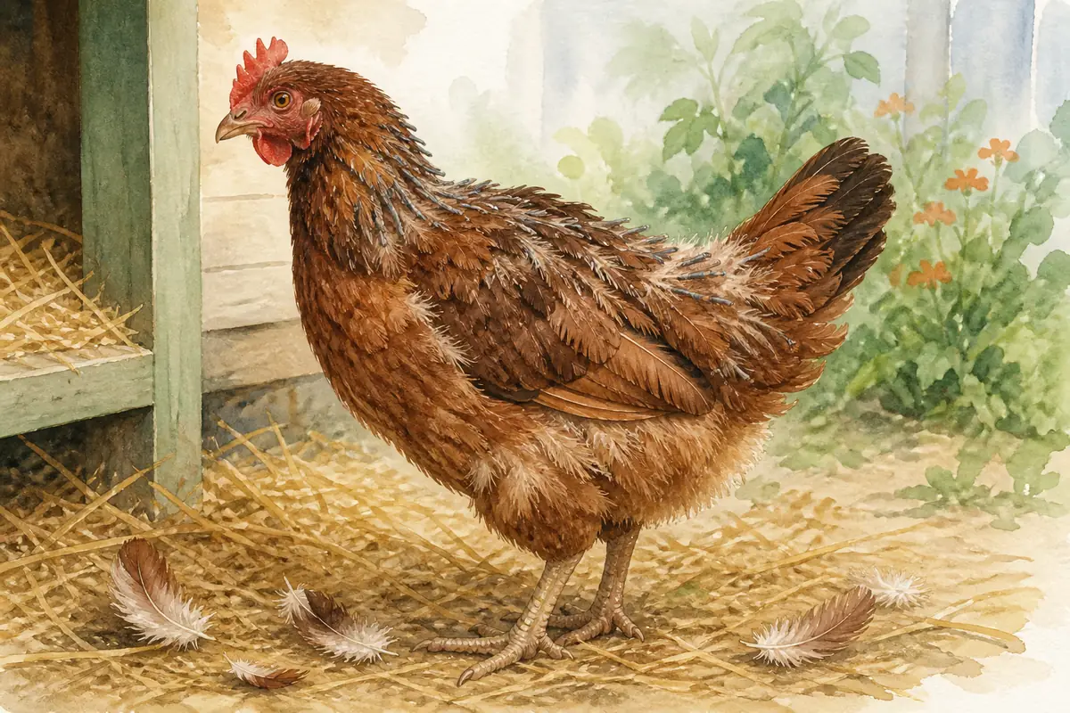 Poule en mue avec plumage irrégulier et nouvelles plumes visibles autour du cou