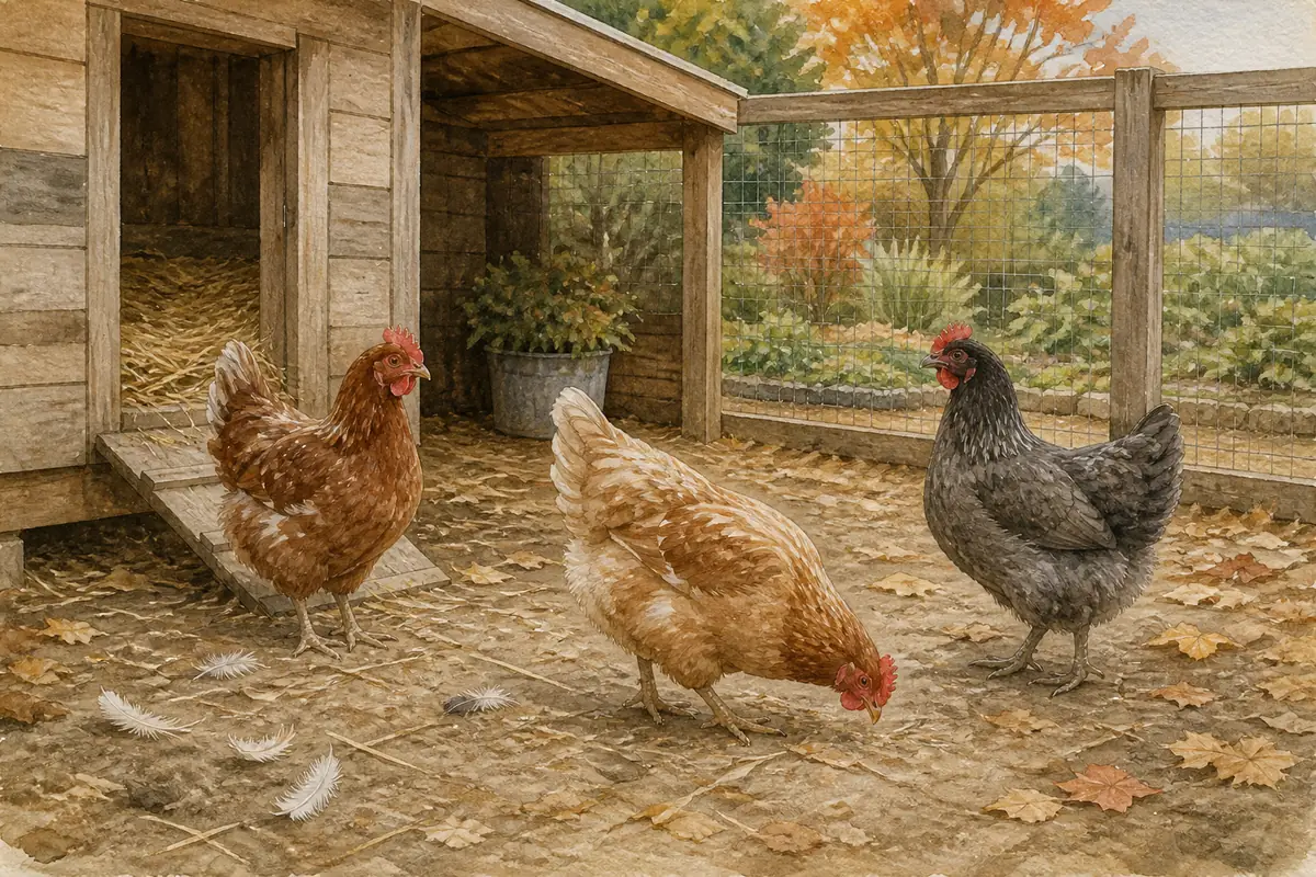 Trois poules en mue dans un parcours calme avec poulailler sec et litière propre