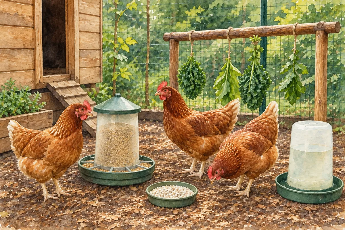 Trois poules avec aliment complet, calcium séparé, eau propre et légumes suspendus