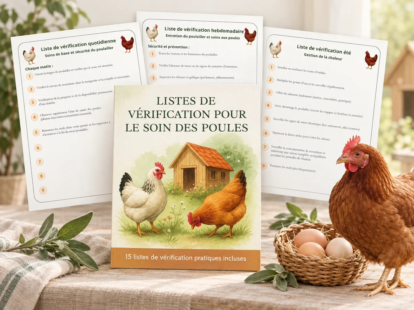 Guide gratuit de 15 listes de vérification pour le soin des poules, présenté avec trois fiches, une poule brune et un panier d’œufs