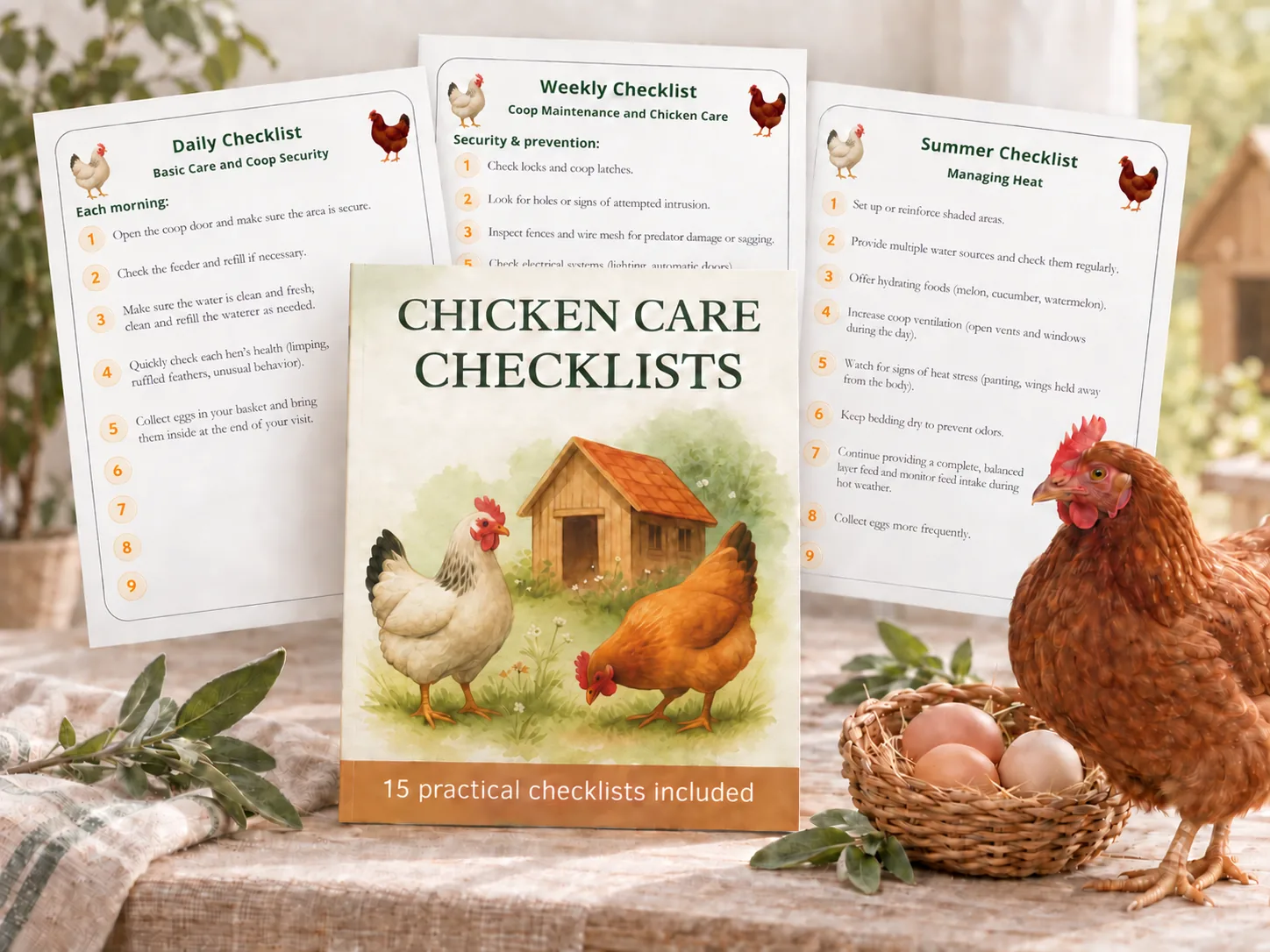Free Chicken Care Checklists guide shown with three filled checklist pages, a brown hen, and a basket of eggs
