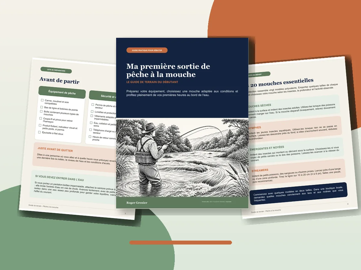 Couverture et pages intérieures du guide gratuit Ma première sortie de pêche à la mouche