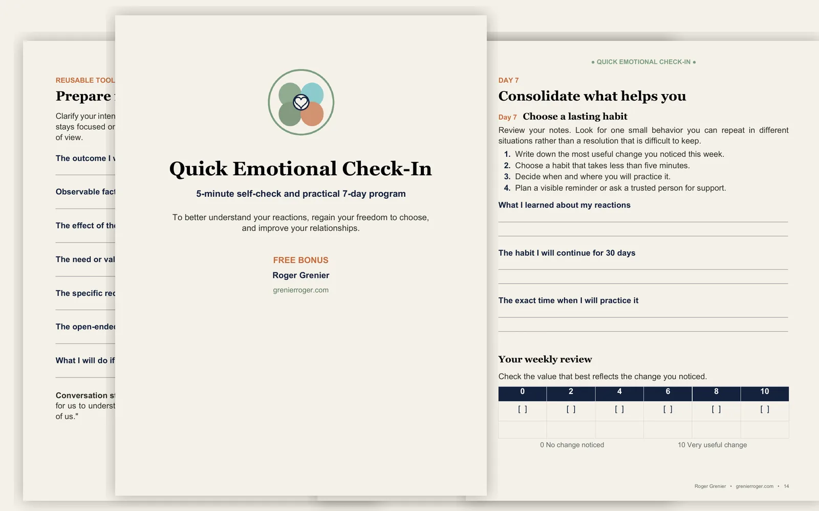 Cover and practical worksheets from the free Quick Emotional Check-In
