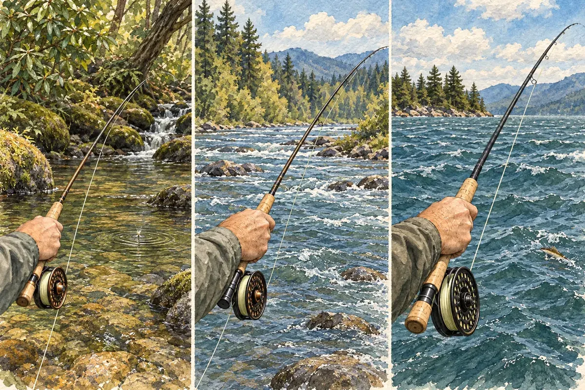 Trois situations de pêche montrant un petit ruisseau, une rivière ouverte et un lac venteux