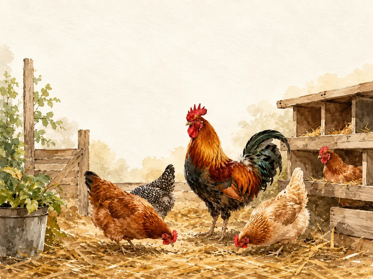 A rooster stands with a group of hens in a natural chicken coop