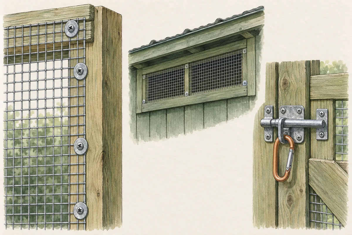 Détails illustrés d’un treillis soudé fixé avec rondelles, d’une ventilation protégée et d’un loquet avec mousqueton