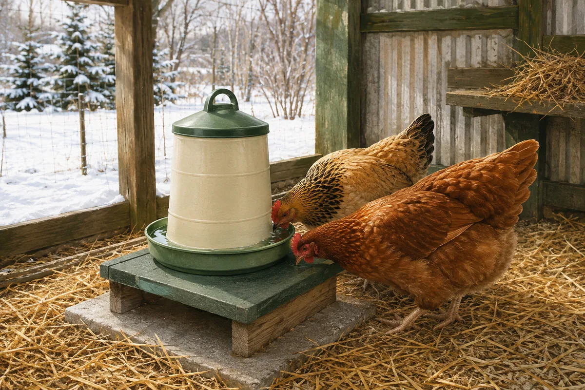 Deux poules buvant dans un abreuvoir surélevé dans un parcours abrité en hiver