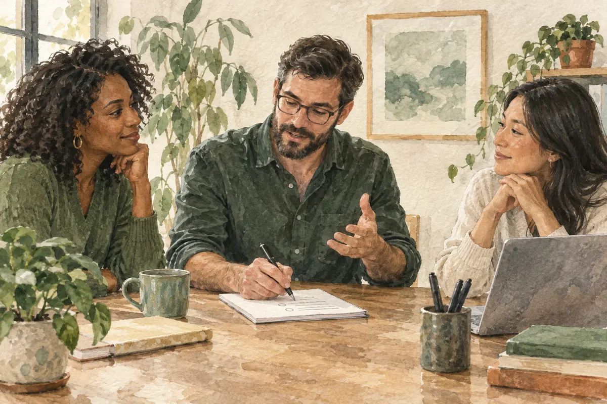 Trois collègues résumant une discussion et notant la prochaine étape