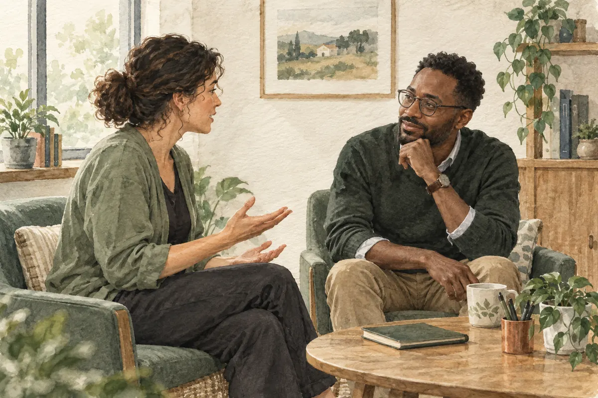 Femme parlant avec les mains ouvertes tandis qu’un homme l’écoute dans un salon aux couleurs douces