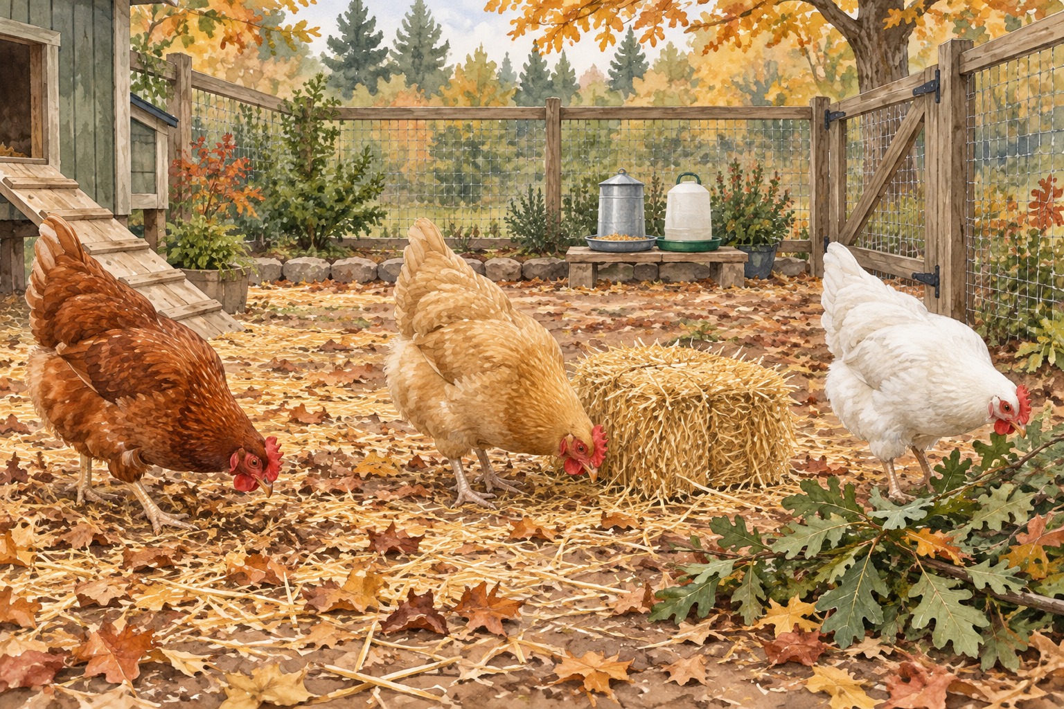 Trois poules explorent de la paille, des feuilles sèches, une petite botte et des branches feuillues