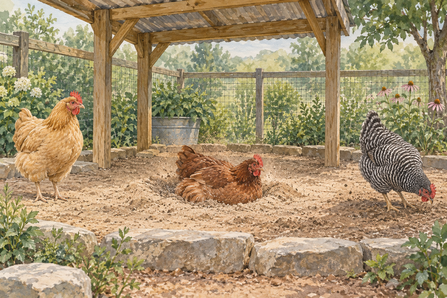 Trois poules utilisent une grande zone de bain de poussière sèche sous un abri en bois