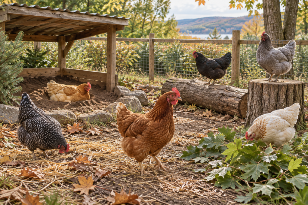 Six poules explorent un parcours enrichi avec bain de poussière, rondins, souches et branches feuillues