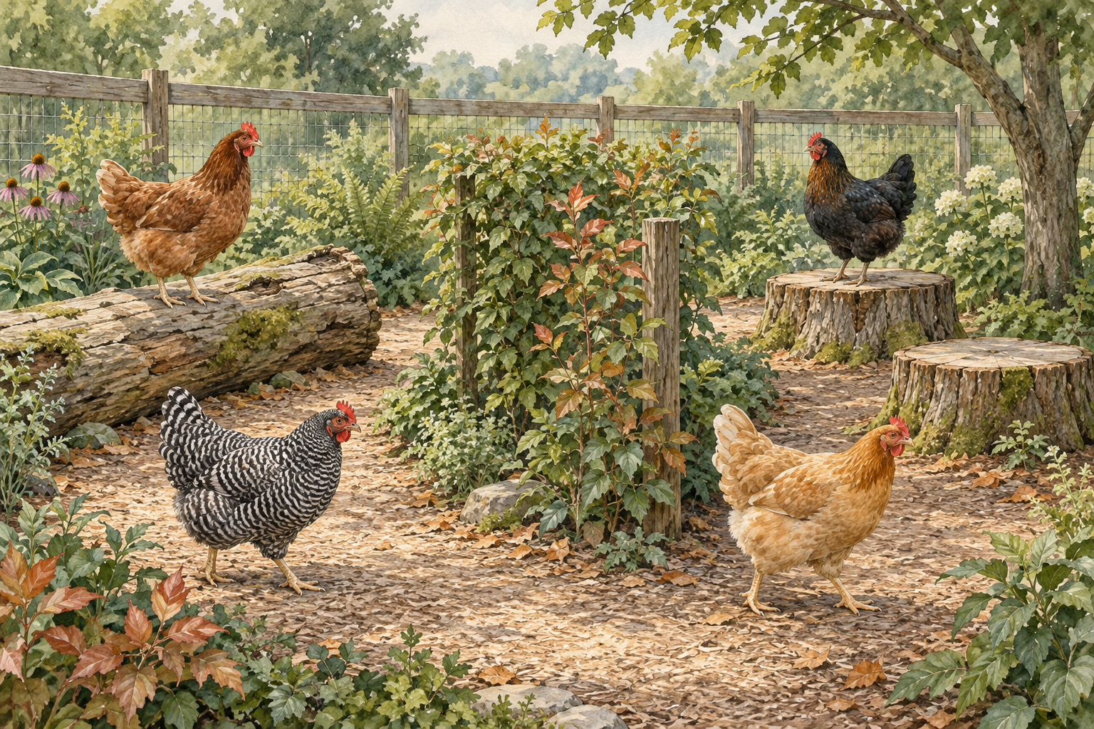 Quatre poules circulent entre un rondin, deux souches stables et un écran végétal dans leur parcours