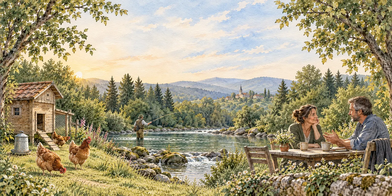 Scène en aquarelle avec des poules près d’un poulailler, un pêcheur à la mouche dans une rivière et deux adultes en conversation.