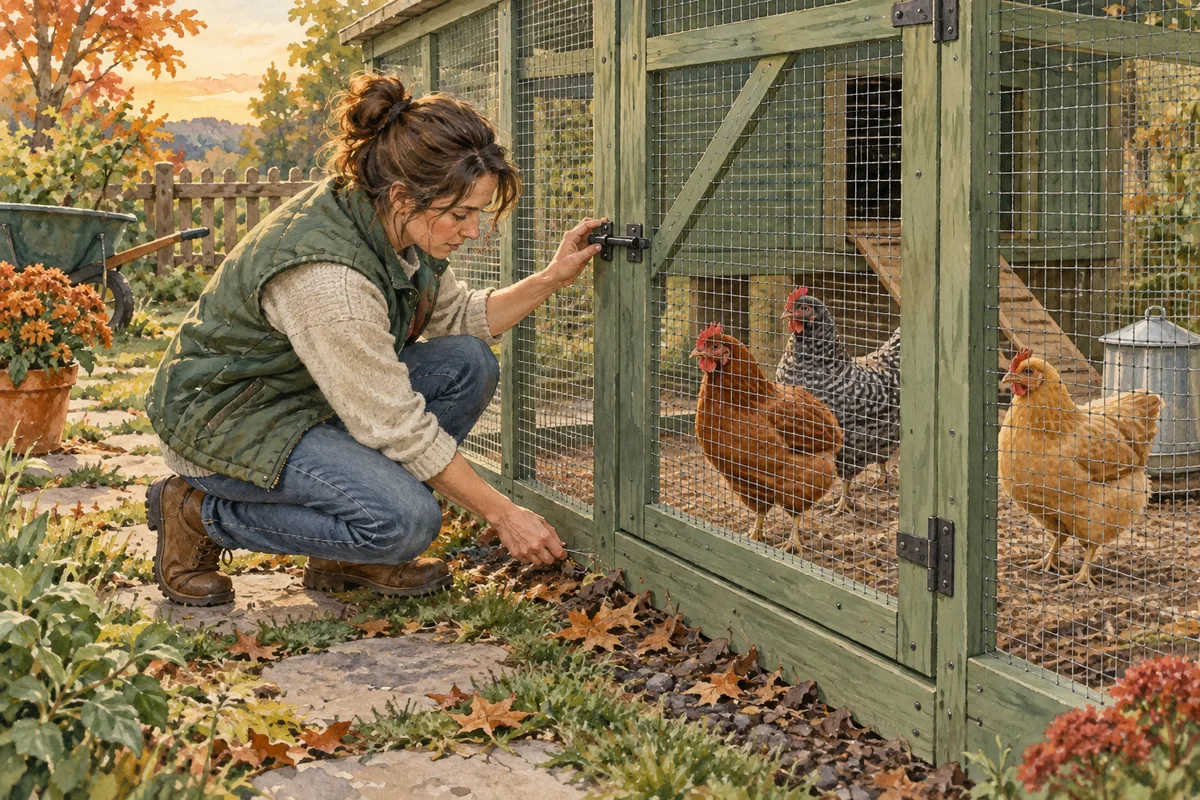 Une femme vérifie le bas du treillis et le loquet d’un parcours où se trouvent trois poules