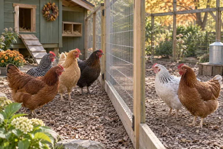 Deux nouvelles poules observent un groupe établi à travers une séparation grillagée sécuritaire