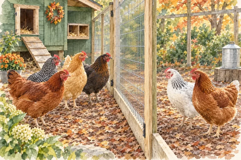 Deux groupes de poules se découvrent à travers un grillage lors d’une introduction progressive.