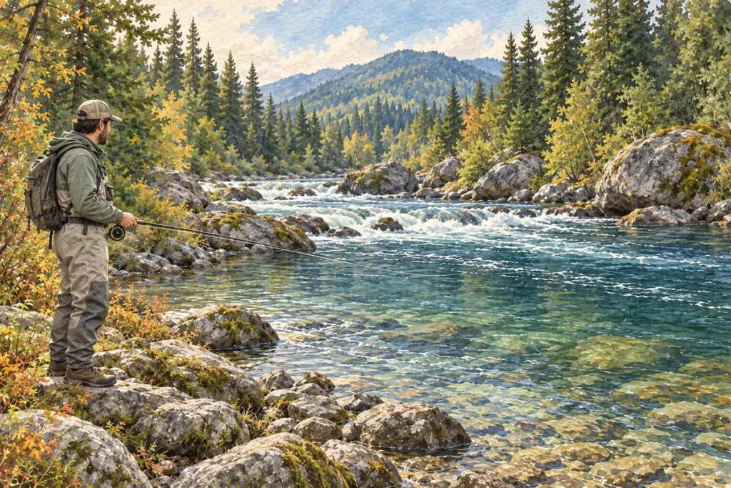 Pêcheur à la mouche observant les courants, les blocs et les fosses d’une rivière à truite