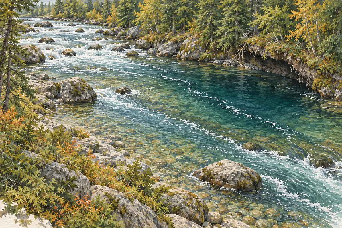 Rivière montrant un rapide, une fosse, des veines de courant, des lignes de bulles et une berge creuse
