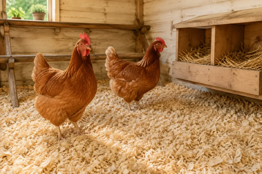 Two brown hens on dry wood shavings beside wall-mounted nest boxes