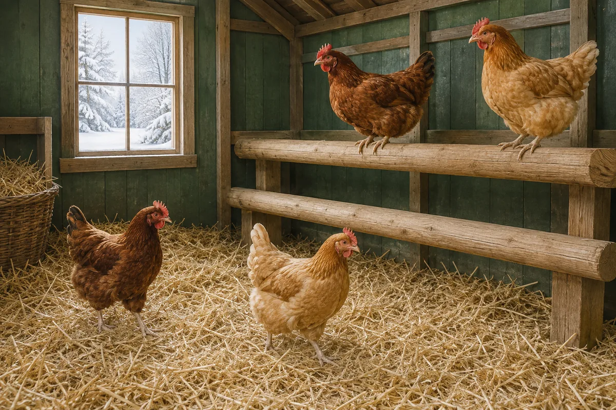 Quatre poules dans un poulailler avec litière sèche et larges perchoirs en bois