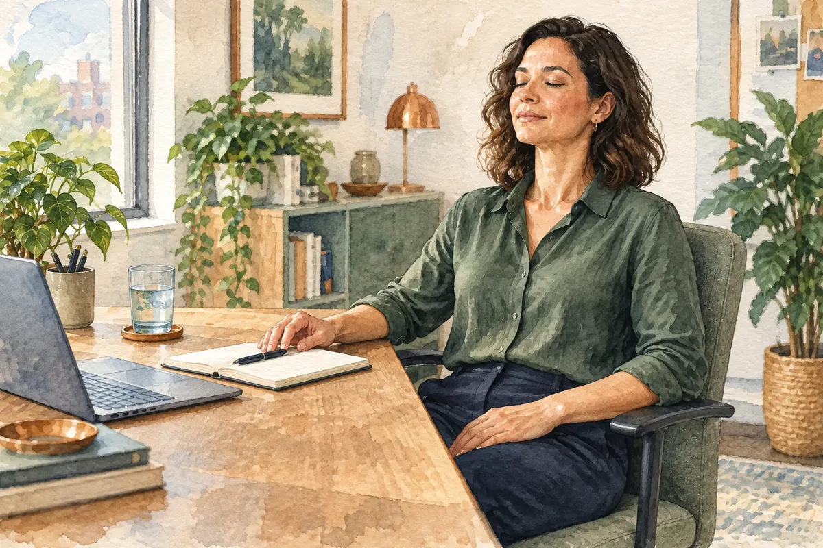 Professionnelle prenant une pause consciente avant de répondre