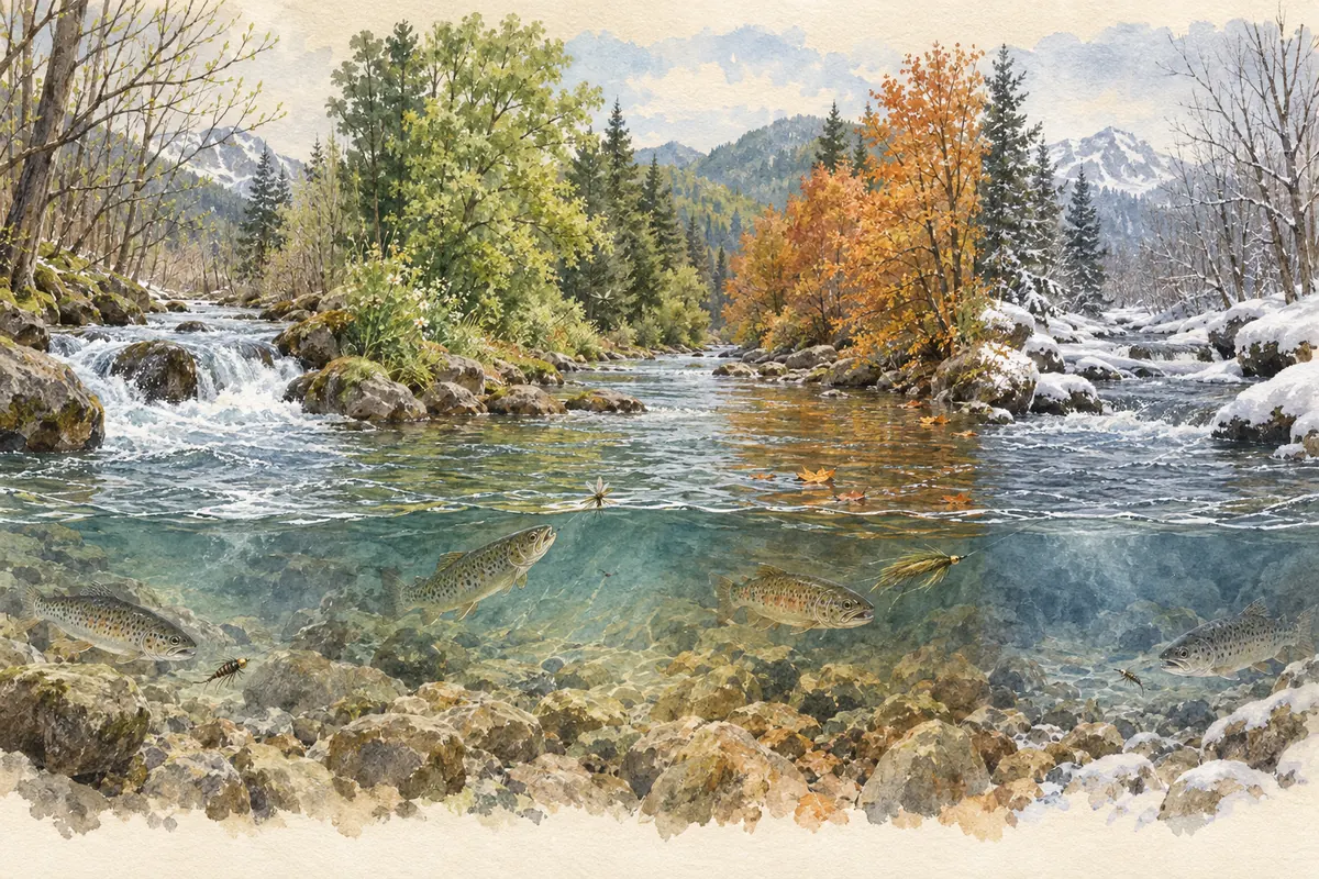 Rivière à truite illustrée du printemps à l’hiver avec différentes mouches dans la colonne d’eau