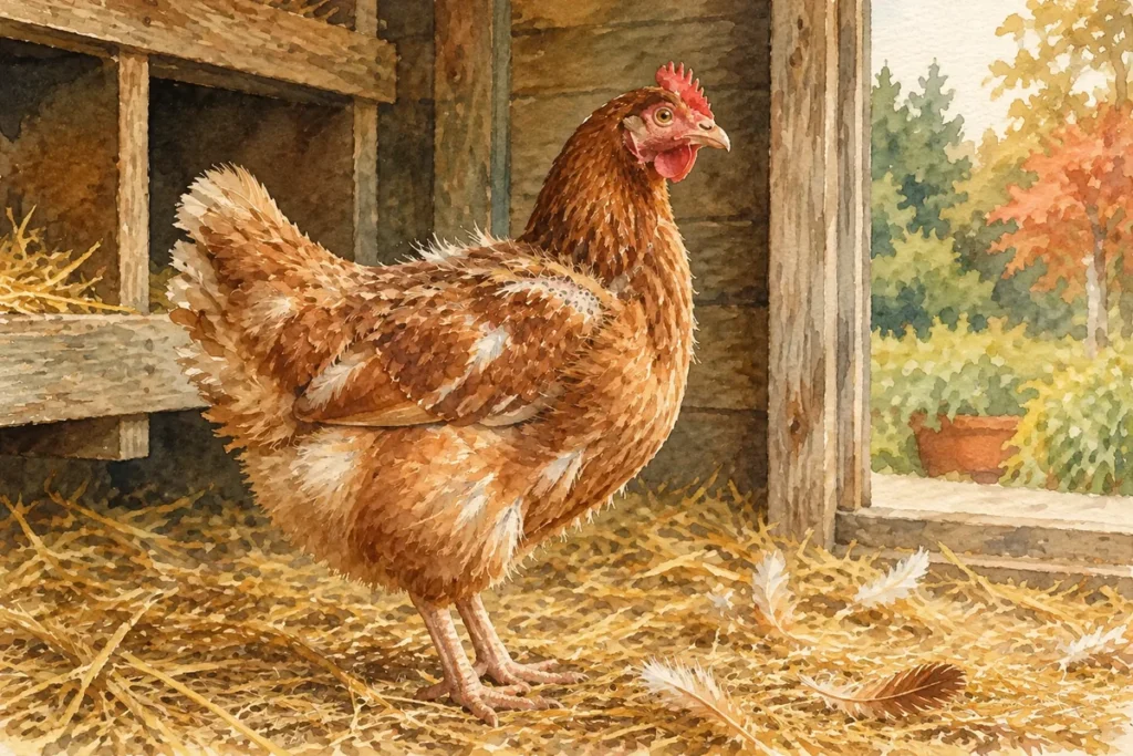 Poule en mue avec plumage irrégulier dans un poulailler aux couleurs de l’automne.