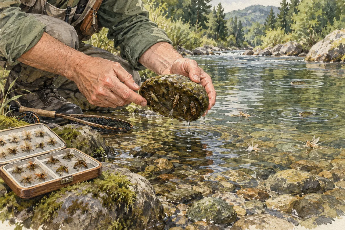 Pêcheur examinant les larves sous une pierre au bord d’une rivière, près de sa boîte de mouches