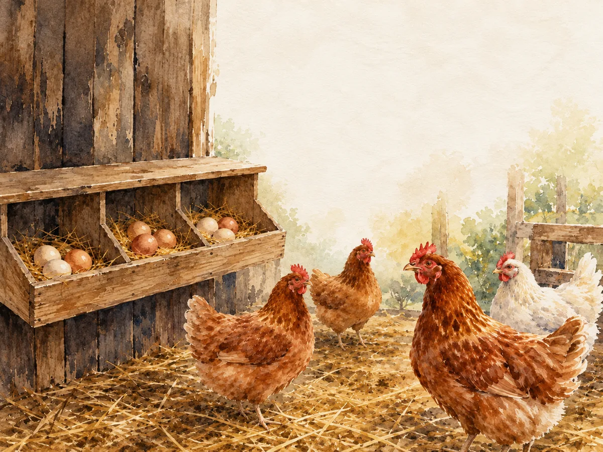 Fresh eggs rest in a nest box beside healthy laying hens