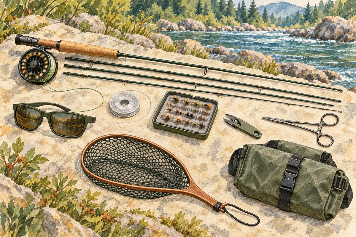 Canne, moulinet, soie, boîte de mouches, lunettes, épuisette et accessoires disposés au bord d’une rivière