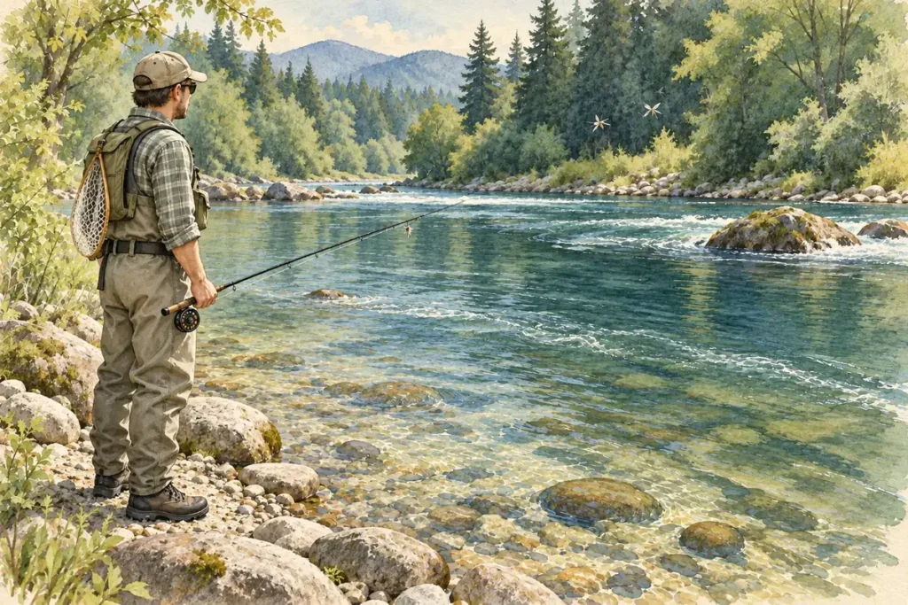 Pêcheur observant le courant, les bordures peu profondes et les insectes depuis la rive