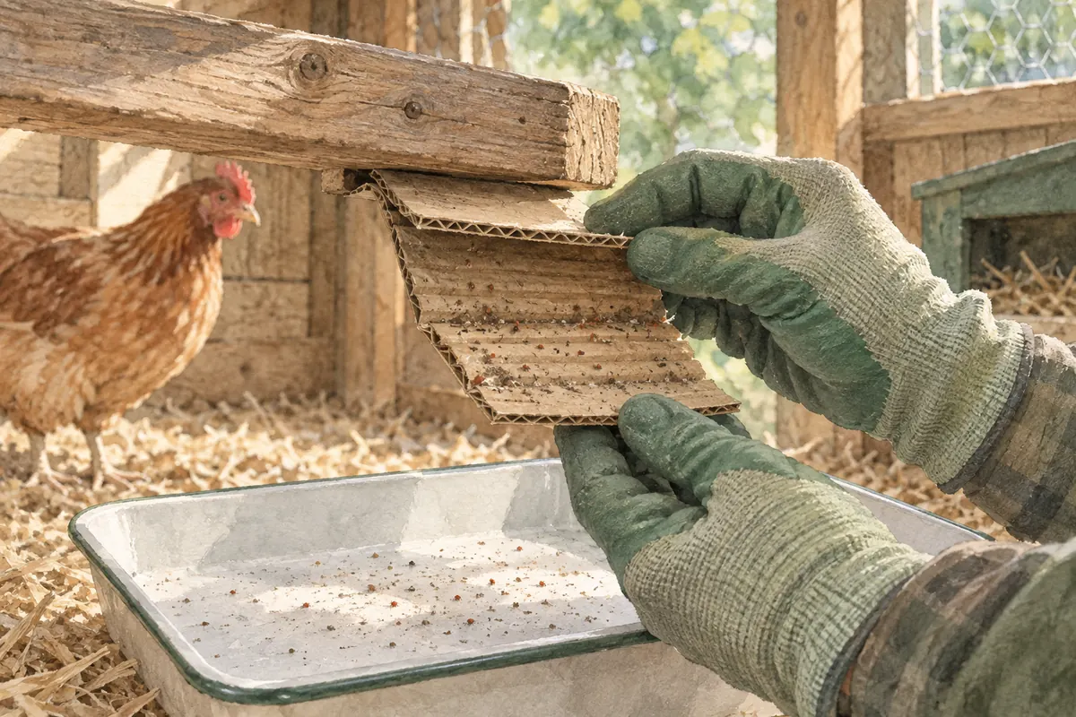 Des mains gantées ouvrent un morceau de carton ondulé placé sous un perchoir au-dessus d’un plateau blanc