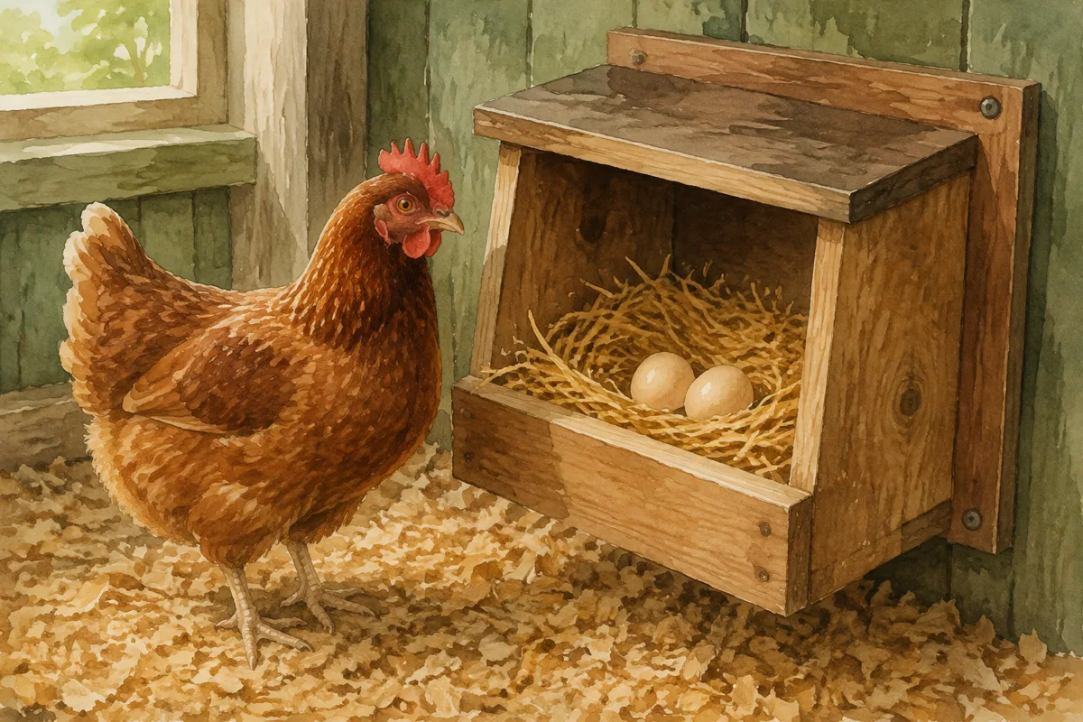 Une poule près d’un pondoir mural garni de paille avec deux œufs, au-dessus d’un sol en copeaux