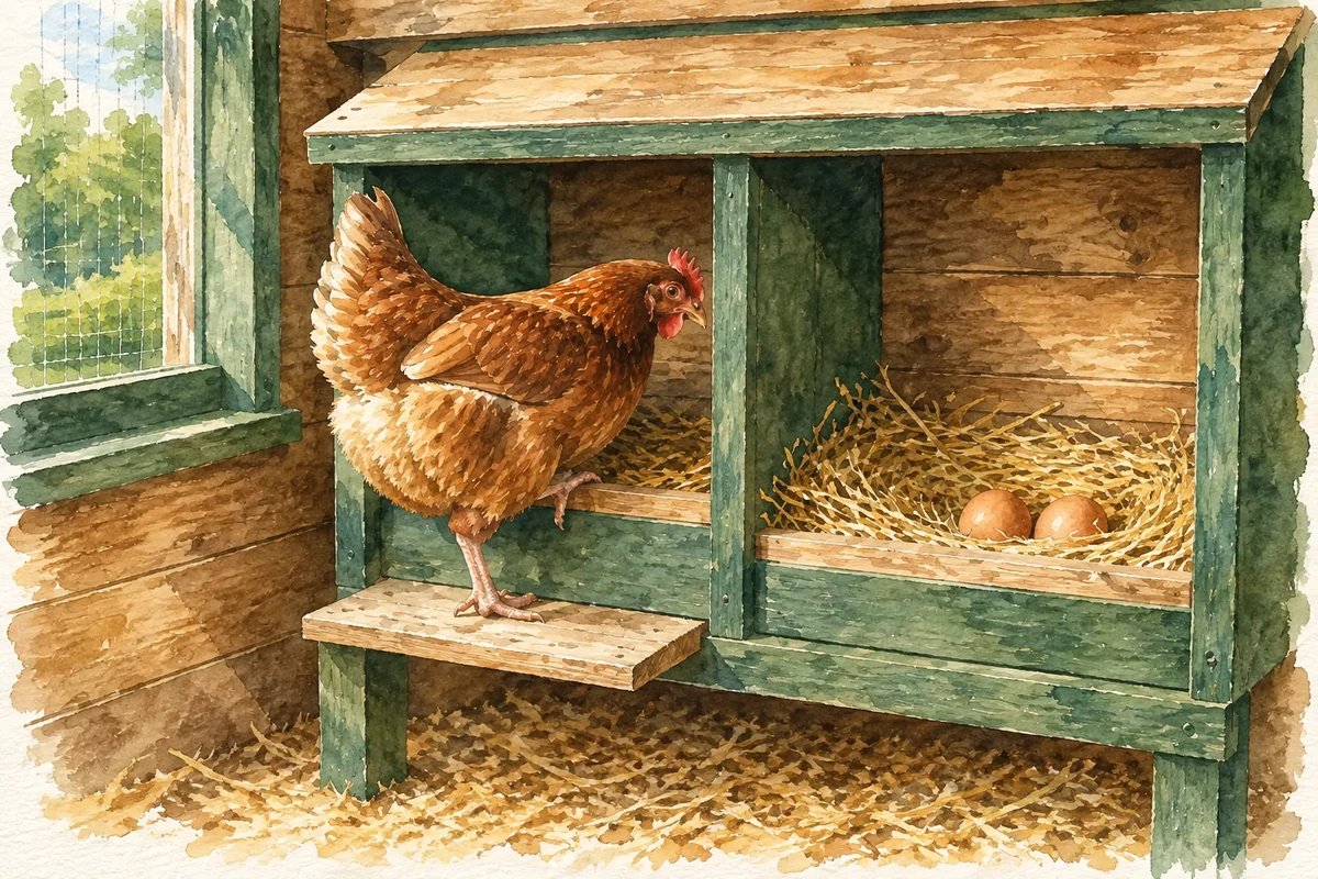 Poule brune devant deux pondoirs calmes garnis de paille avec des œufs intacts