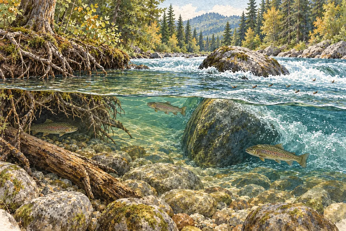 Trois truites placées près d’une veine de courant, d’un gros bloc et d’une berge creuse