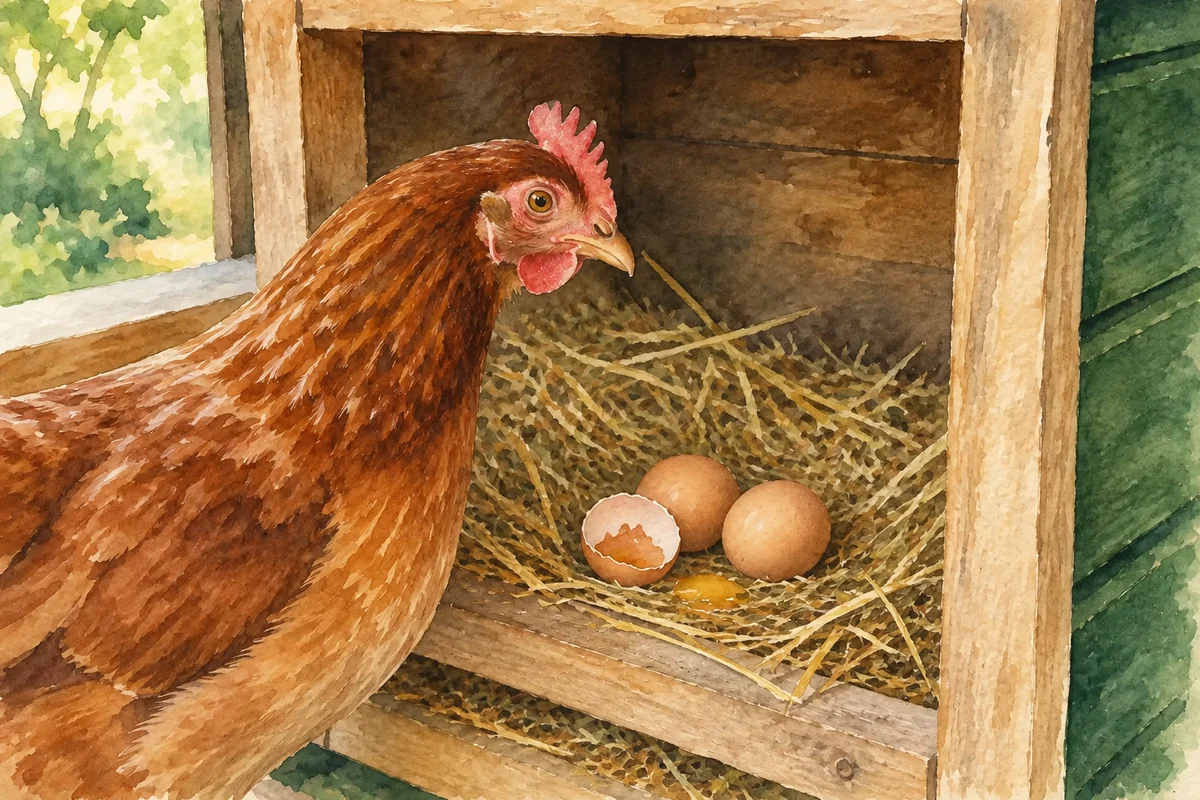 Poule brune près de deux œufs intacts et d’une coquille ouverte dans un pondoir