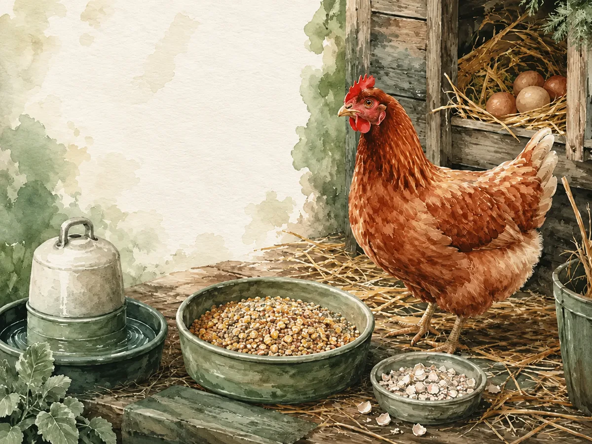 A brown hen stands beside clean water, complete feed and a calcium source.