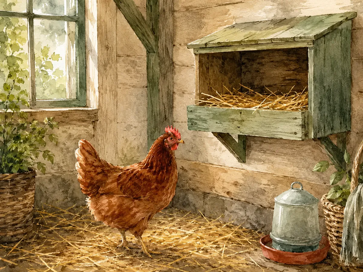 A brown hen stands beside an empty nest box in a rustic chicken coop.